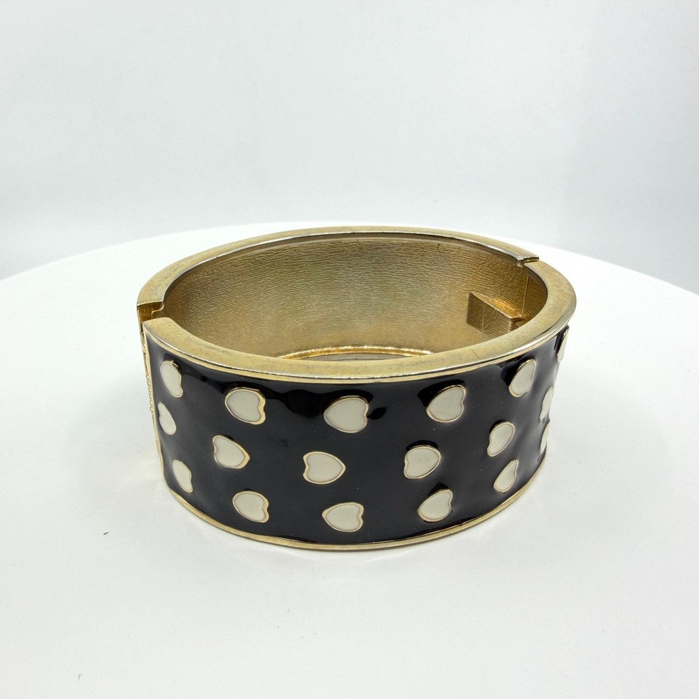 Black Enamel Heart Bangle Bracelet Gold Tone Hinged Romantic Coquette Statement